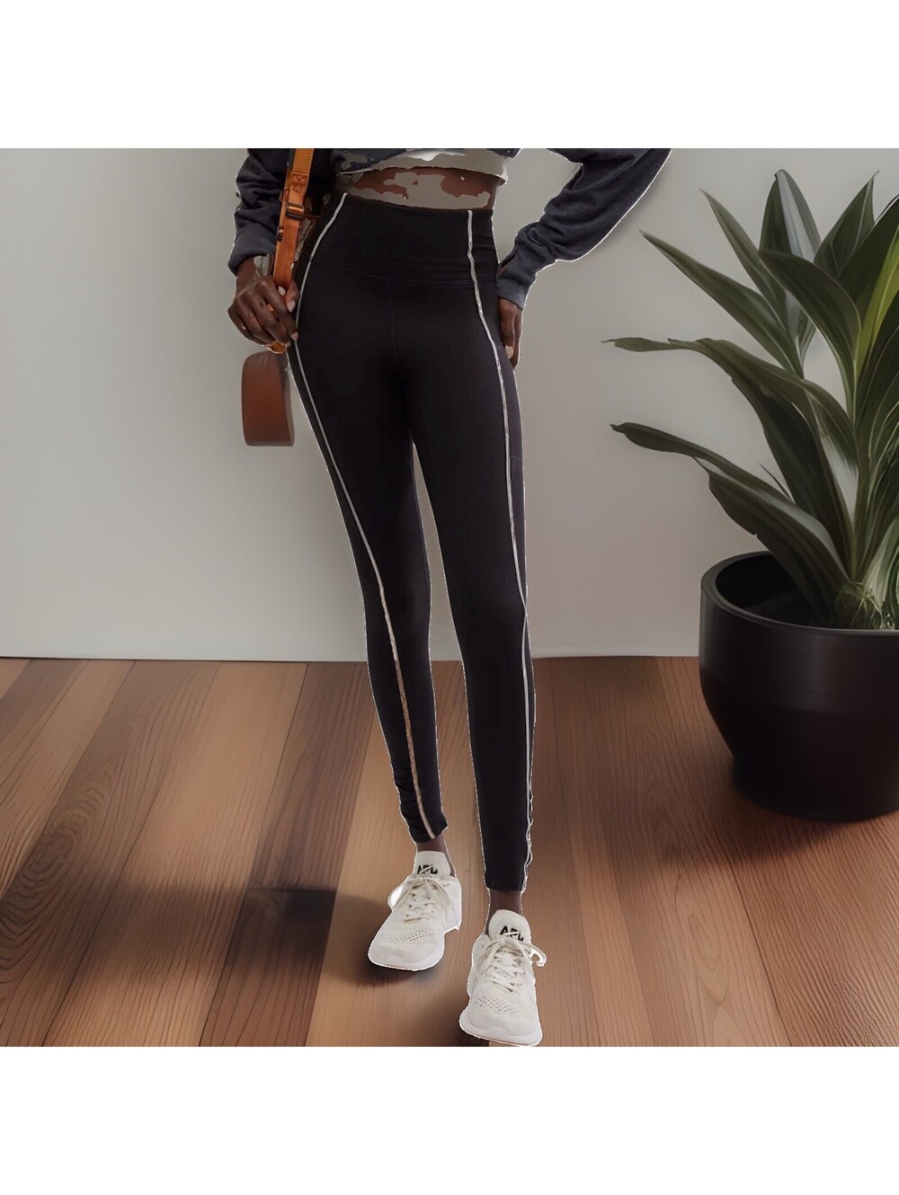 Free People Movement Women’s Black White You’re a Peach Leggings LARGE NWT